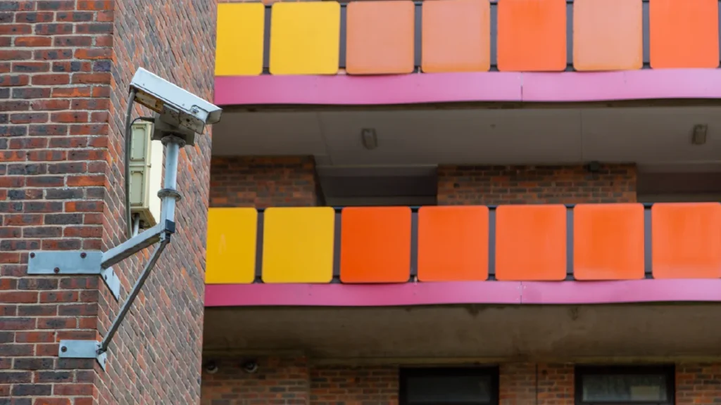 Outdoor security camera overlooking balconies on an apartment building