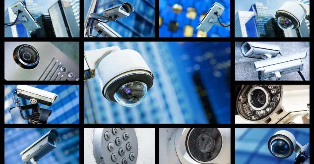Collage showing several dome and bullet security camera designs