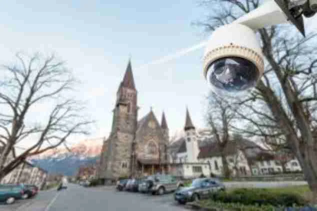 Dome security camera overlooking the area near a church