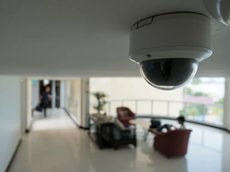 Ceiling-mounted dome camera overlooking a hotel lobby
