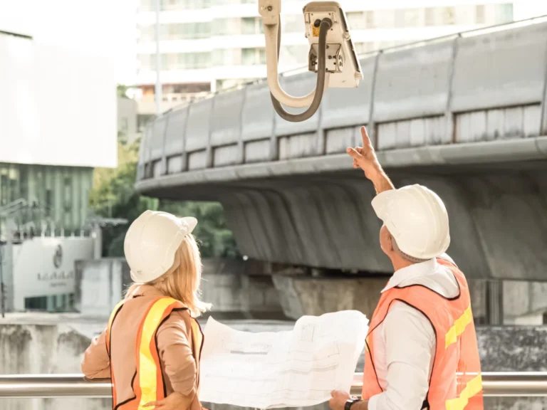 Two workers inspecting a security camera installation outdoors