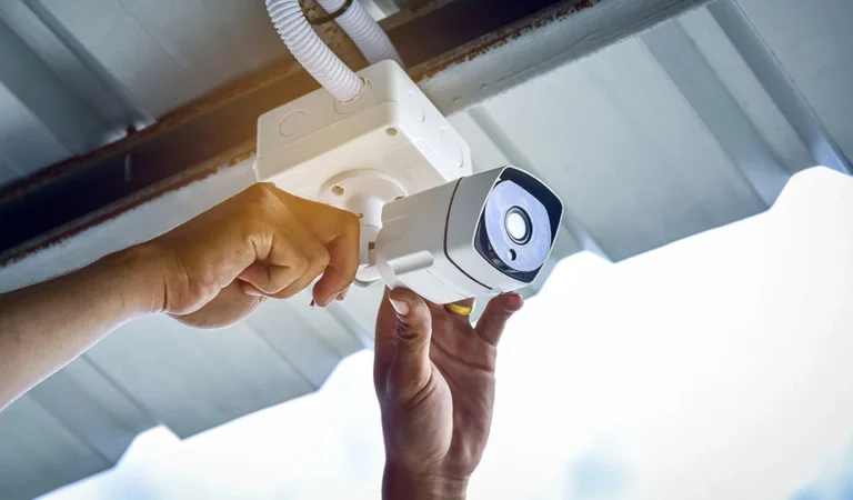 Hands adjusting an outdoor wireless security camera under a roof